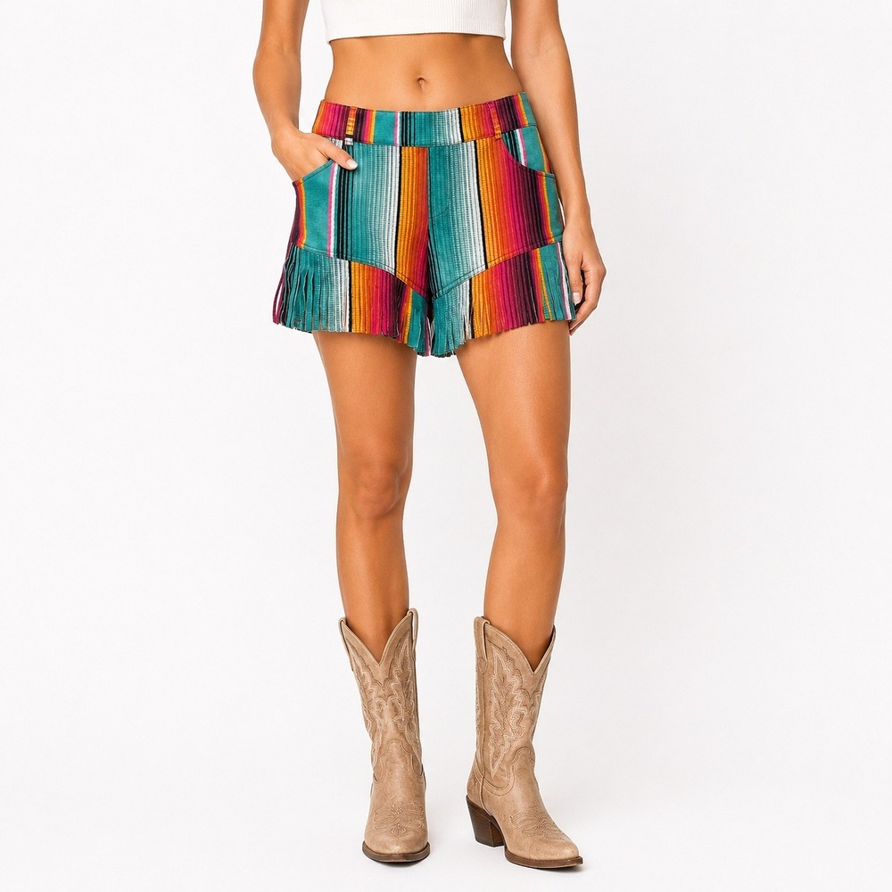 Crazy Train Serape Fringe Shorts Womens L Western Rodeo Festival Boho